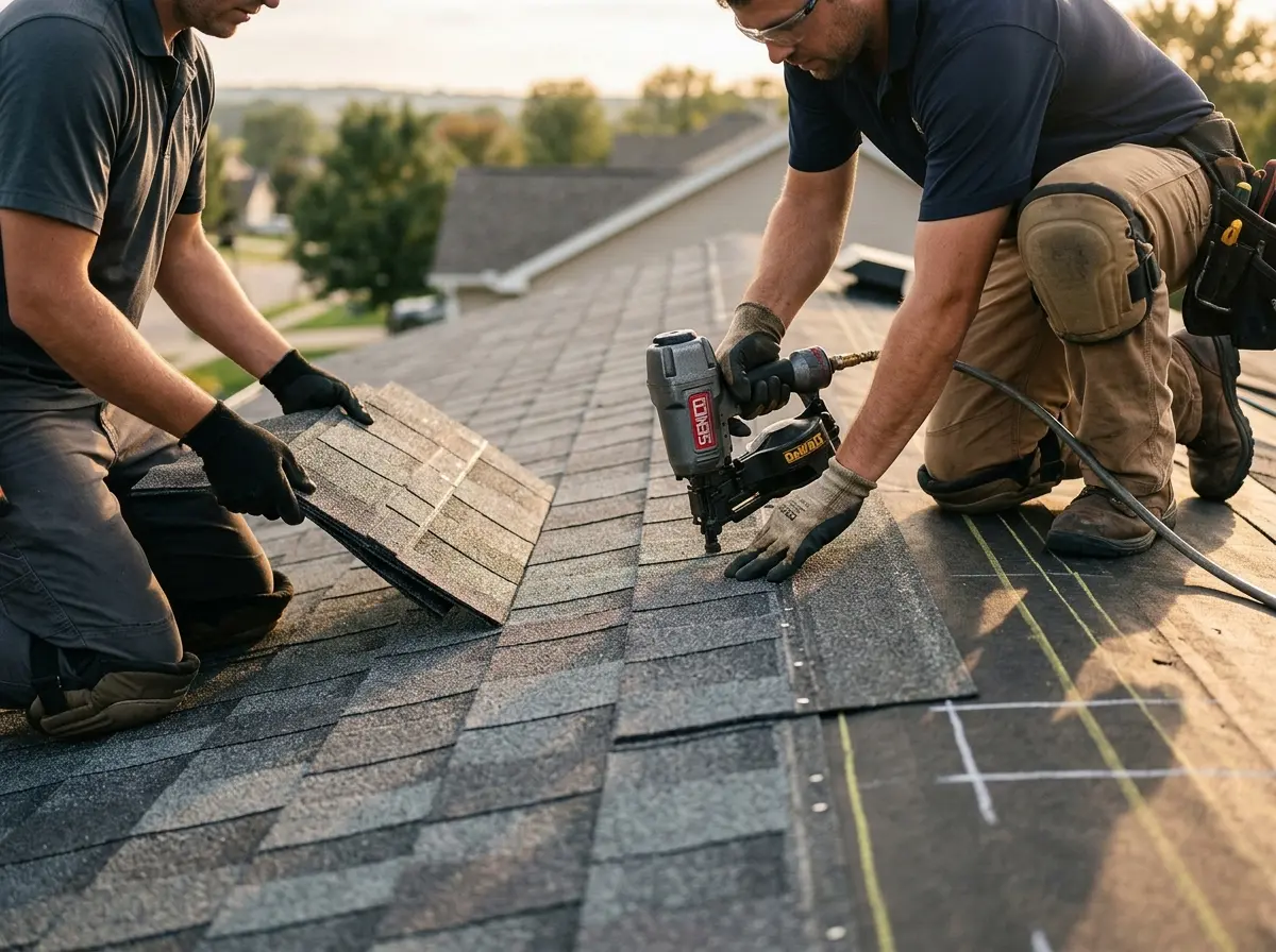 Professional roofer working on a residential roof in Littlefield